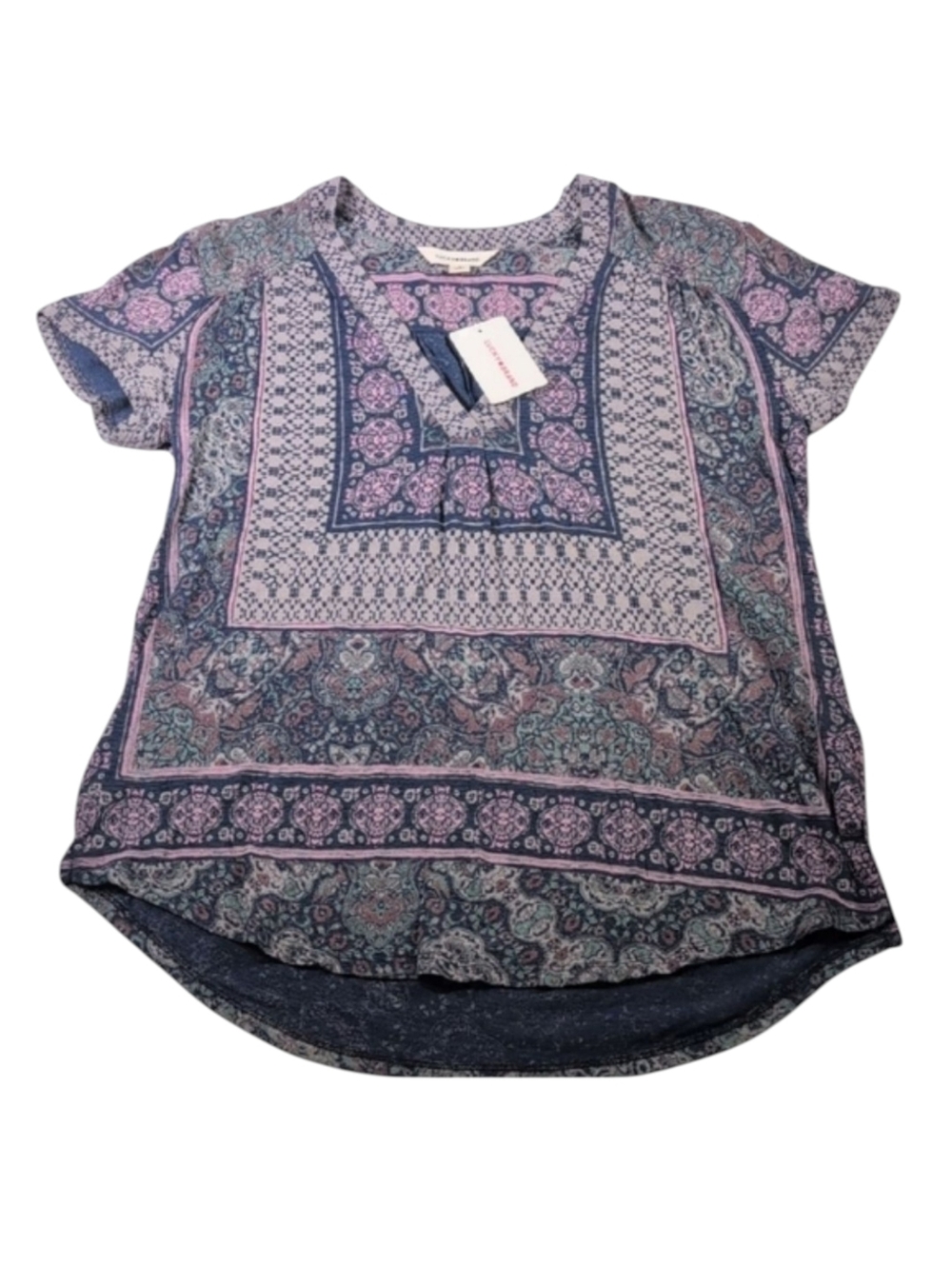 Lucky Brand Blue & Pink V-Neck Knit Blend Short Sleeve Top Size Small